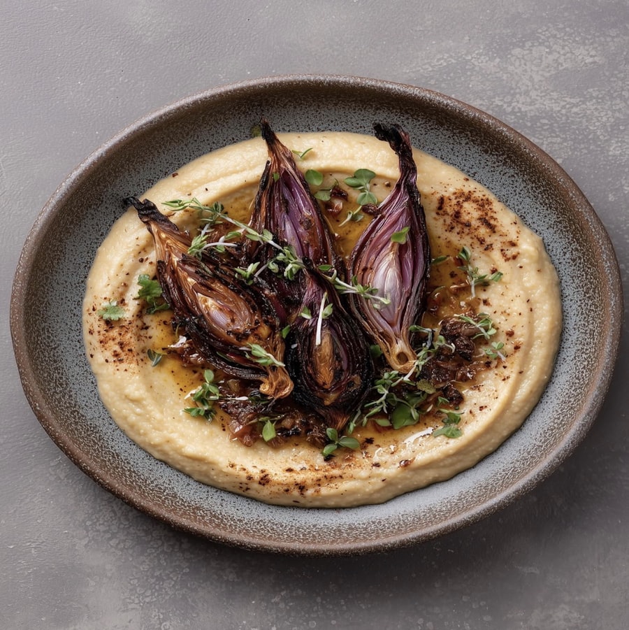 Chalotes caramelizados sobre hummus